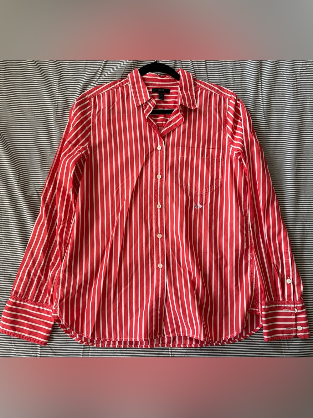 J. Crew Red and White Vertical Stripe Button-Down Shirt